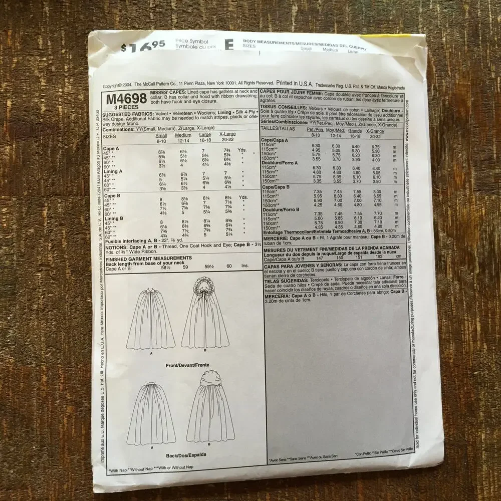 McCalls Sewing Pattern M4698 Costumes Misses Hooded Long Cape S M 8-14 UNCUT